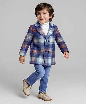 Babyhug Solid Turtle T-Shirt, Denim With Full Sleeves Overcoat Checks Blazer - White & Blue