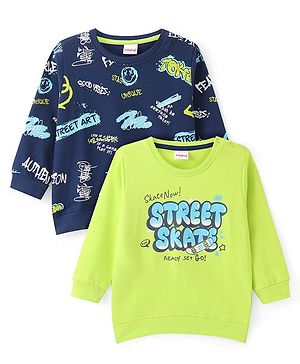 Babyhug Cotton Knit Full Sleeves Sweatshirt with Text Design Pack of 2 - Green & Blue