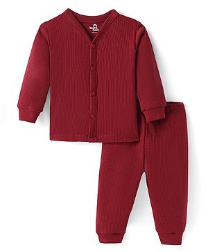 Doodle Poodle Cotton Knit Full Sleeves Front Open Thermal Vest & Pant - Red