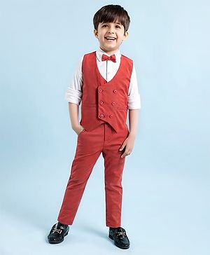 Babyhug Woven Full Sleeves Solid Color Party Suit with Shirt Waistcoat Trousers and Bow - White Rust Red