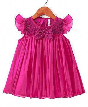 Babyhug Woven Frill Sleeves Party Dress With Sequin & Bow Detailing - Red