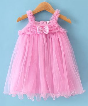 Babyhug Woven Sleeveless A Line Dress With Corsage & Bow Detailing - Pink