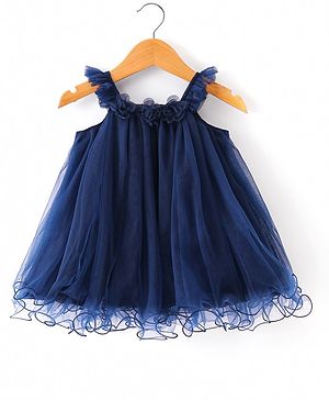 Babyhug  Woven  Frill Sleeves A Line Party Frock  with Floral Corsage - Navy Blue