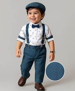 Babyhug Woven Full Sleeves Printed Shirt & Bottom Set With Cap & Suspenders - White & Teal Blue