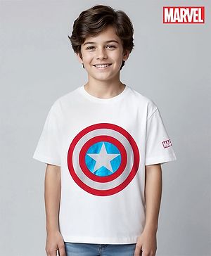 Pine Kids Marvel Terry Knit Half Sleeves T-Shirt With Foil Captain America Shield Print - White