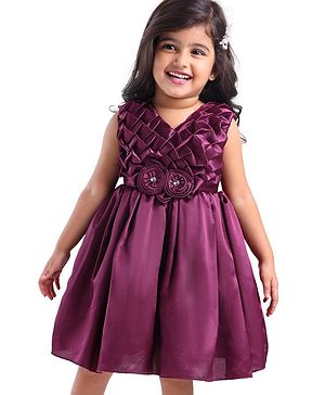 Babyhug Woven Sleeveless Textured Yoke Fit & Flared  Party Frock with Floral Applique -Wine