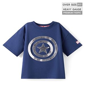 Pine Kids Marvel Terry Knit Half Drop Shoulder Sleeves T-Shirt with Captain America Graphics & Silver Foil Detailing - Navy Blue