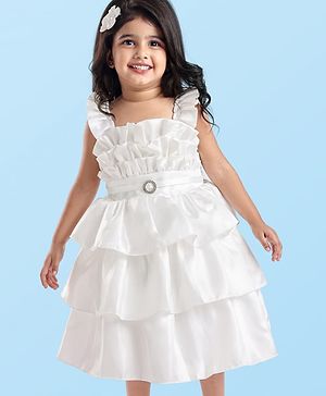Babyhug Woven Frill Sleeves Solid Colour it & Flared Layered Party Frock & Applique - White