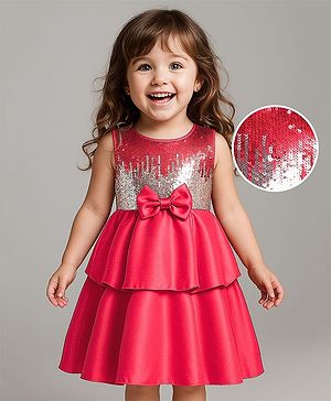 Babyhug Woven Sleeveless Party Dress With Reversible Sequins & Bow Applique - Red