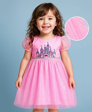 Babyhug Woven Half Puffed Sleeves Party Dress With Castle Embroidery & Glitter Print - Baby Pink