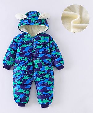 Kookie Kids Full Sleeves Hooded Winter Wear Romper With Dino Print & Ear Applique - Navy