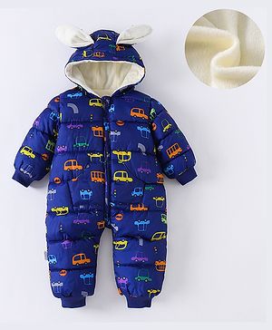 Kookie Kids Full Sleeves Hooded Winter Wear Romper With Car Print & Ear Applique - Navy