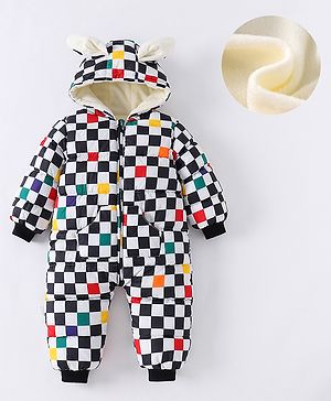 Kookie Kids Full Sleeves Hooded Winter Wear Romper With Checks - Black