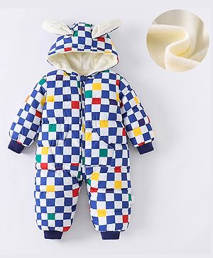 Kookie Kids Full Sleeves Hooded Winter Wear Romper With Checks - Navy