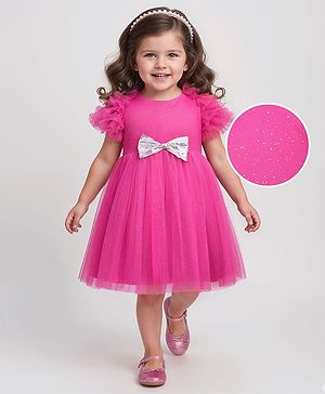 Babyhug Woven Ruffled Sleeves Party Dress With Bow Applique - Fuschia