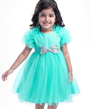 Babyhug Woven Ruffled Sleeves Rhinestone Embellished Party Dress with Bow Applique & Sequin - Sea Green