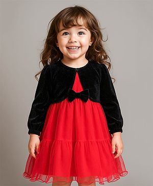 Babyhug Woven Party Dress & Full Sleeves Shrug With Bow Applique - Red & Black