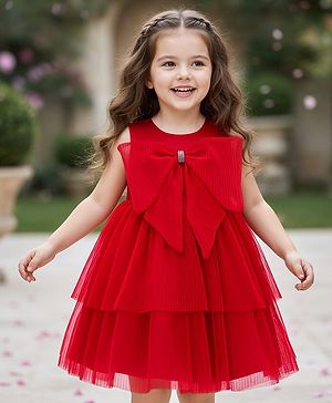 Babyhug Woven Sleeveless Tierred Party Frock with Bow Applique Solid Colour - Red