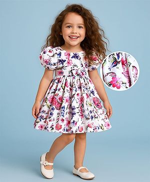 Babyhug Woven Half Puffed Sleeves Party Dress With Floral Print & Bow Applique - White