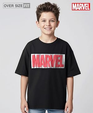 Pine Kids Marvel Terry Knit Half Sleeves Oversized Light Weight T-Shirt With Marvel Graphics - Black