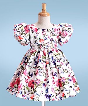 Babyhug Woven Half Puffed Sleeves Party Dress With Floral Print - White