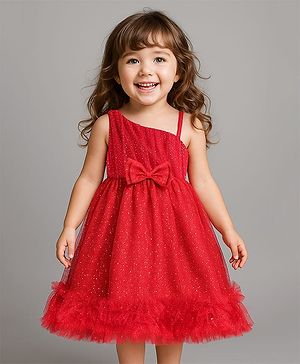 Babyhug Woven Sleeveless Party Frock with Bow Ruffles & Glitter Print - Red