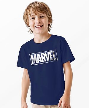 Pine Kids Marvel Terry Knit Half Sleeves Oversized Light Weight Terry T-Shirt With Marvel Text Embossing With Foil Print Detailing - Navy Blue