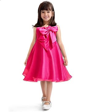 Babyhug Woven Sleeveless  A Line Solid Colour Party Frock with Bow Applique - Fuschia