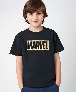 Pine Kids Marvel Terry Knit Half Sleeves Oversized T-Shirt With Marvel Graphic & Textured Foil Print Detailing - Black