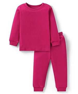 Doodle Poodle Cotton Knit Full Sleeves Front Open Thermal Vest & Pant - Pink