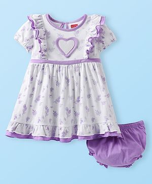 Babyhug Single Jersey Knit Half Sleeves Frock With Floral Print & Bloomer - White