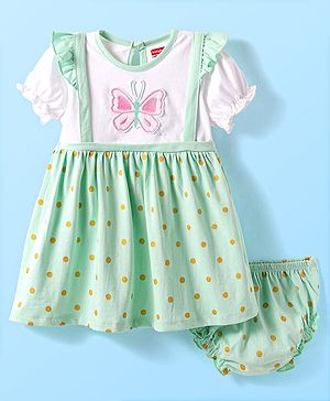 Babyhug Single Jersey Knit Half Sleeves Frock With Butterfly Print & Bloomer - Green
