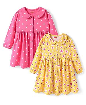 Babyhug Single Jersey Knit Full Sleeves Peter Pan Collared Polka Dots & Floral Printed Flared Dress Pack of 2 - Yellow & Pink