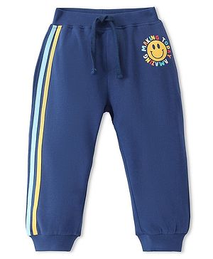 Babyhug French Terry Full Length Jogger Fit Track Pants Smiley Print - Navy