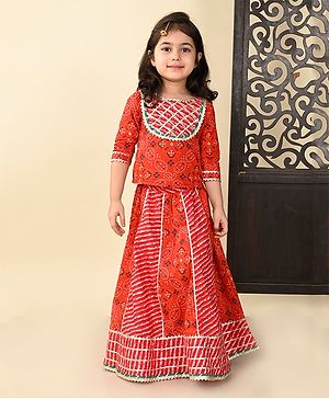 Superminis Three Fourth Sleeves Gota Lace Detailed Bandhani Designed Ethnic Lehenga Choli Set - Red