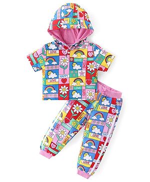 Babyhug Cotton Knit Half Sleeves Floral Printed Hooded Top & Lounge Pants Co-Ord Set - Multicolor