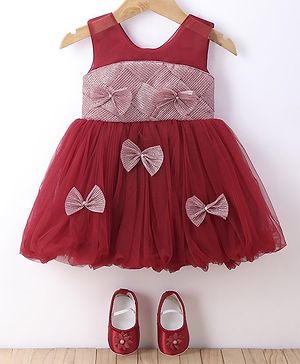 Bluebell Net Woven Sleeveless Party Frock With Bow Appliques & Booties - Dark Red