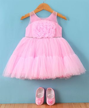 Bluebell Net Knit Sleeveless Party Frock with Floral Corsage & Pair of Booties- Pink