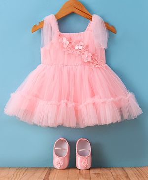 Bluebell Net Sleeveless Floral Lace & Pearl Detailing Flared Party Frock with Booties - Peach