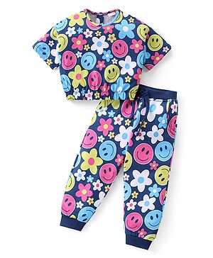Babyhug Cotton Knit Half Sleeves Top & Lounge Pants Co-Ord Set With Floral Print - Navy