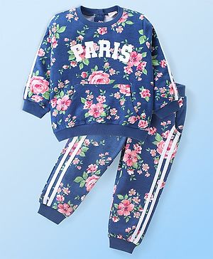Babyhug Cotton Knit Full Sleeves Sweatshirt & Lounge Pants Co-Ord Set With Floral Print - Navy