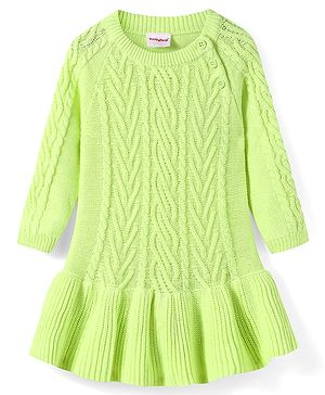 Babyhug Knit Full Raglan Sleeves Cable Knit Woollen Dress - Limegreen