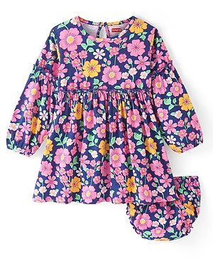 Babyhug Single Jersey Knit Full Sleeves Frock With Bloomer Floral Print- Navy