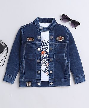 Ministitch Denim Full Sleeves Solid Jacket With Extreme Rider Printed T-Shirt - Dark Blue