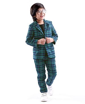 Babyhug Woven Full Sleeves Checkered Blazer with T-Shirt & Trouser Set - Dark Green