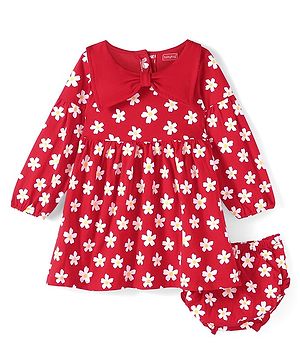 Babyhug Single Jersey Knit Full Sleeves Frock With Bloomer Floral Print & Bow Detailing - Red