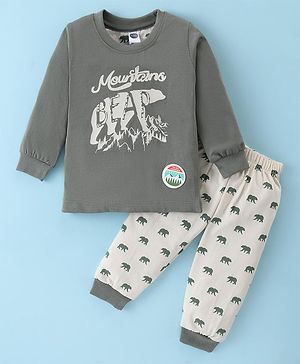 Teddy Sinker Knit Full Sleeves T-Shirt & Lounge Pants Set With Bear Print - Green