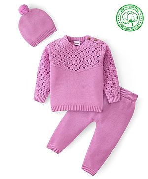 Babyhug Cotton Knit Full Sleeves Pullover Sweater Set With Cable Knit Design & Cap - Mauve