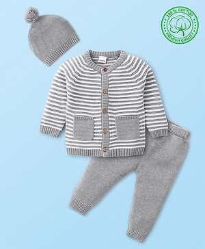 Babyhug Knitted Full Raglan Sleeves Front Open Striped  Hooded Sweater Set with Cap & Pockets - Light Grey