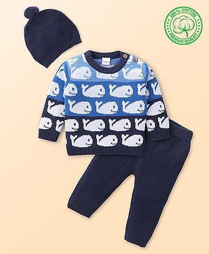 Babyhug Knitted Full Sleeves Pullover Sweater Set with Cap & Whale Design - Navy Blue